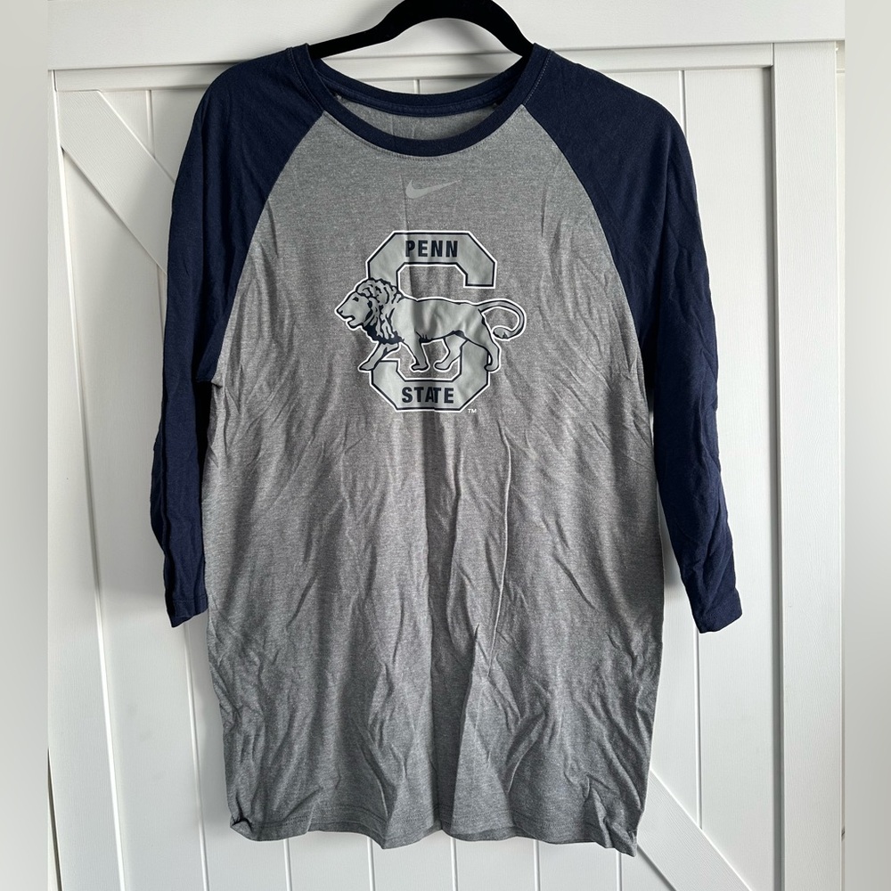 Nike Penn State Raglan Tee Mens Small Gray Navy 3/4 Sleeve NCAA Athletic Top